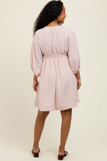 Mauve Striped Balloon Sleeve V-Neck Dress