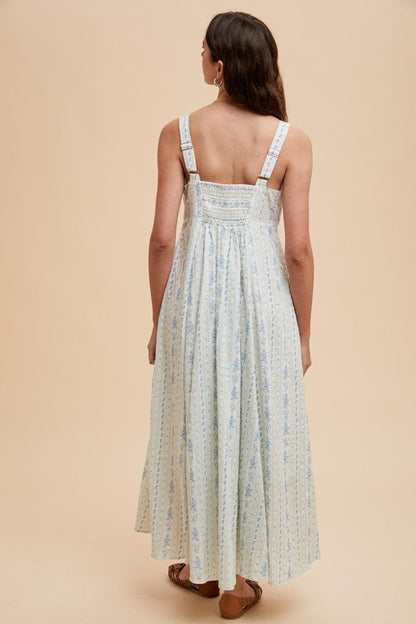Light Blue Cotton Floral Square Neck Sleeveless Maxi Dress