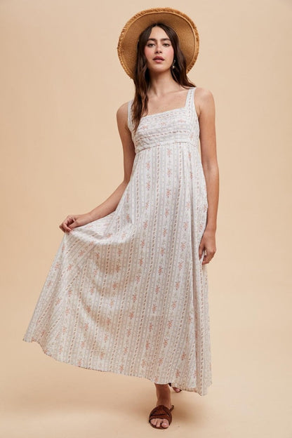 Light Gray Cotton Floral Square Neck Sleeveless Maxi Dress