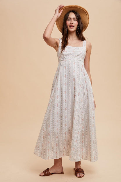 Light Gray Cotton Floral Square Neck Sleeveless Maxi Dress