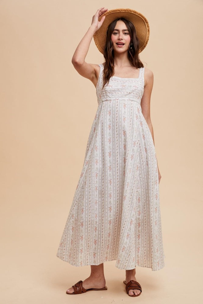 Light Gray Cotton Floral Square Neck Sleeveless Maxi Dress