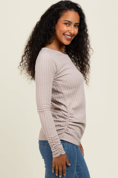 Mocha Solid Ribbed Ruched Long Sleeve Top