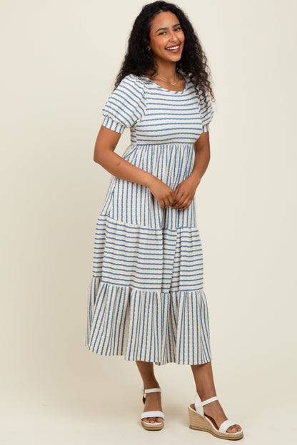 Cream/Blue Striped Short Sleeve Tiered Maxi Dress