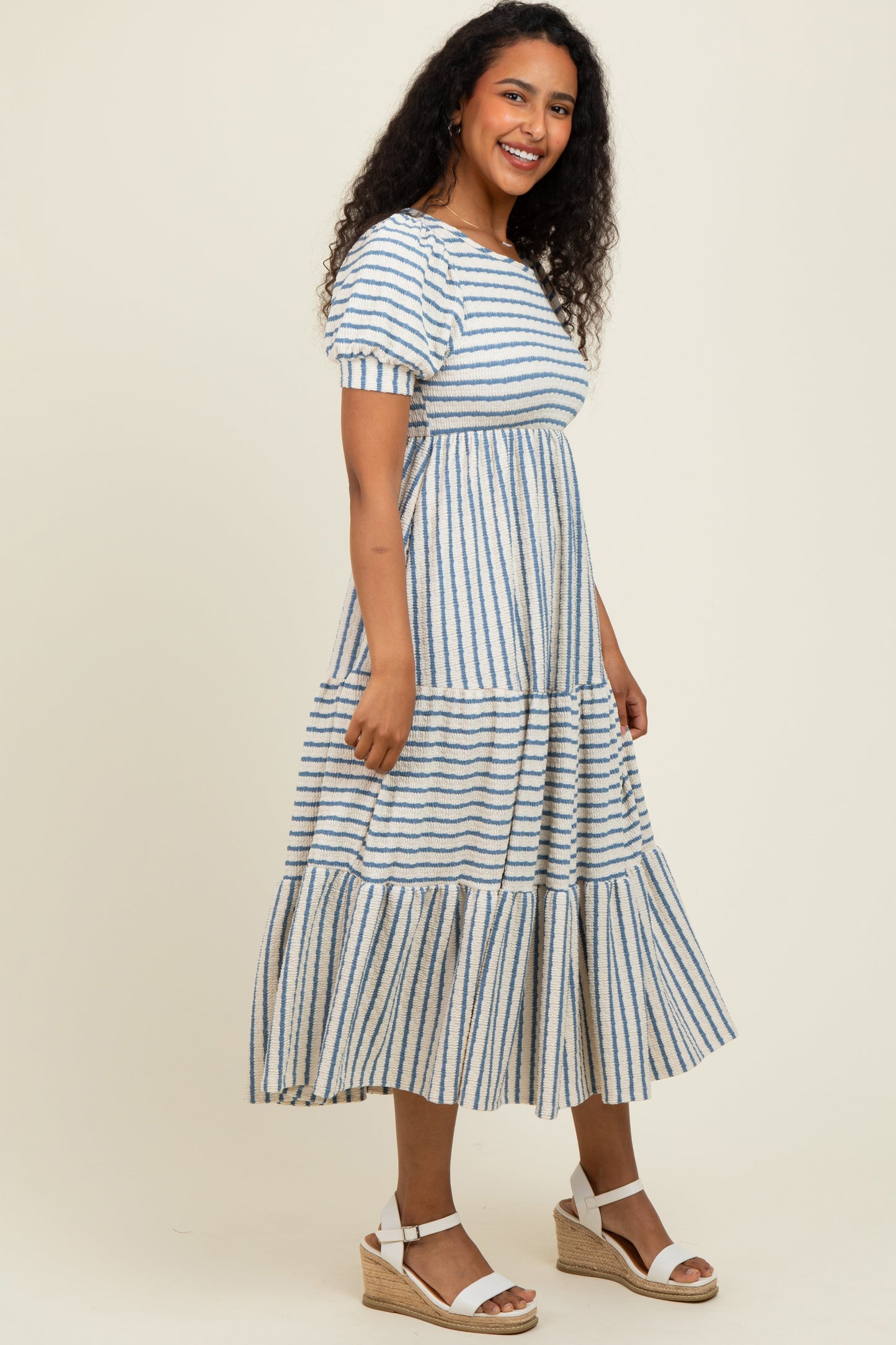 Cream/Blue Striped Short Sleeve Tiered Maxi Dress
