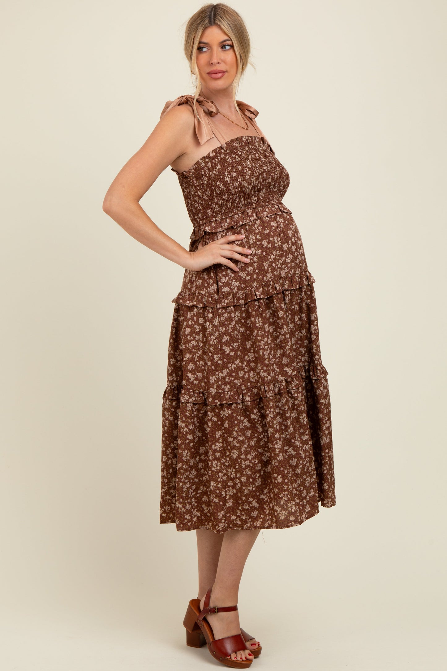 Brown Tie Shoulder Detail Floral Maternity Midi Dress