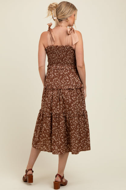 Brown Tie Shoulder Detail Floral Maternity Midi Dress