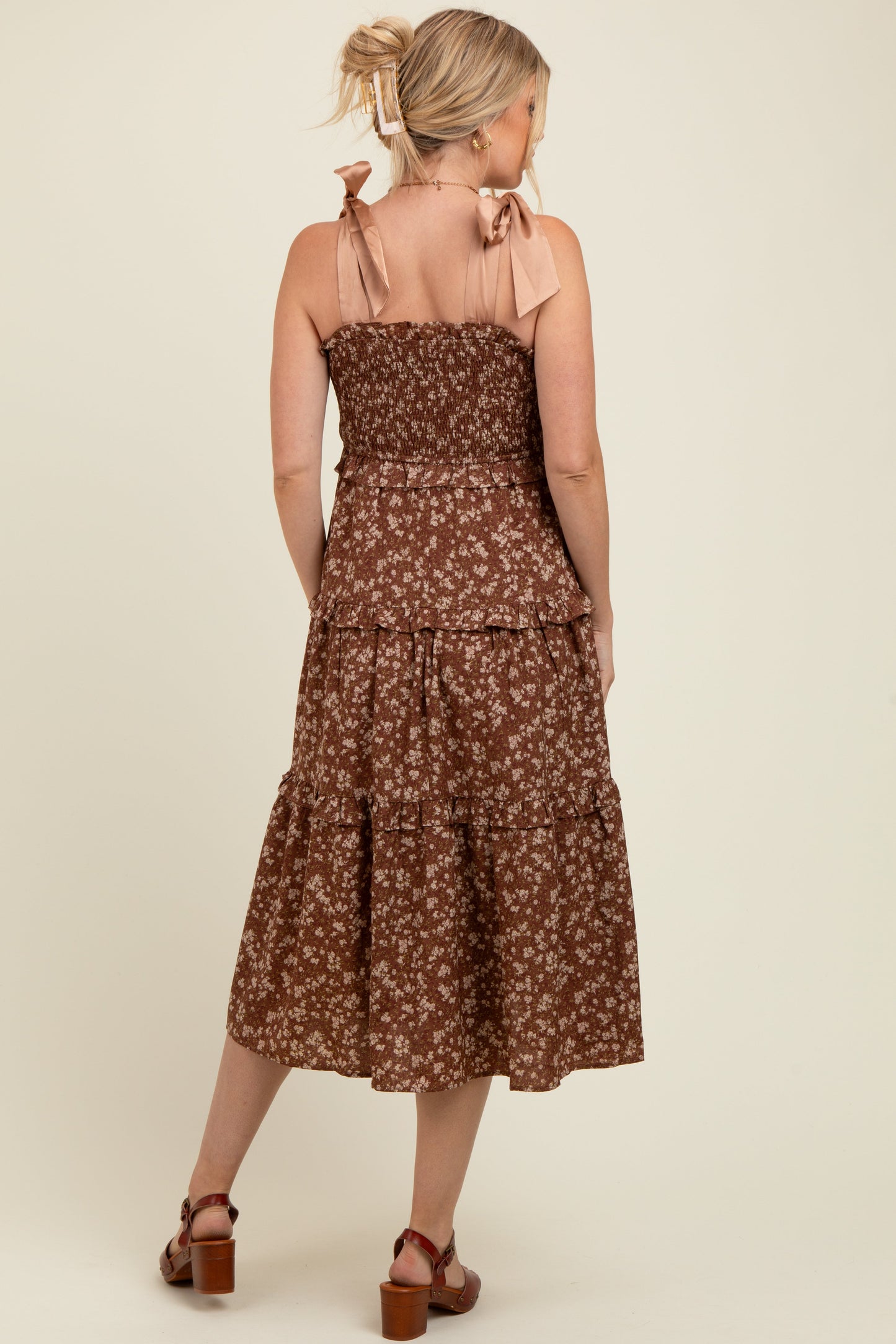 Brown Tie Shoulder Detail Floral Maternity Midi Dress