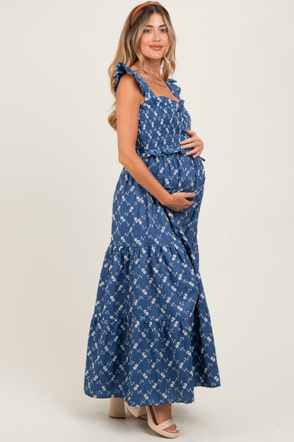 Denim Off White Floral Embroidered Tiered Maternity Maxi Dress