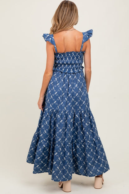 Denim Off White Floral Embroidered Tiered Maternity Maxi Dress