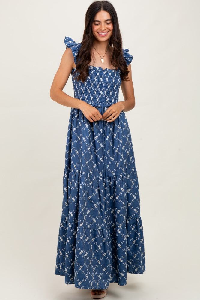 Denim Off White Floral Embroidered Tiered Maxi Dress