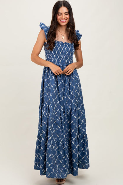 Denim Off White Floral Embroidered Tiered Maxi Dress