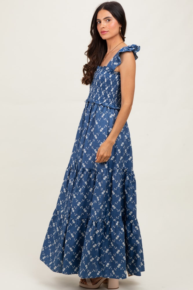 Denim Off White Floral Embroidered Tiered Maxi Dress