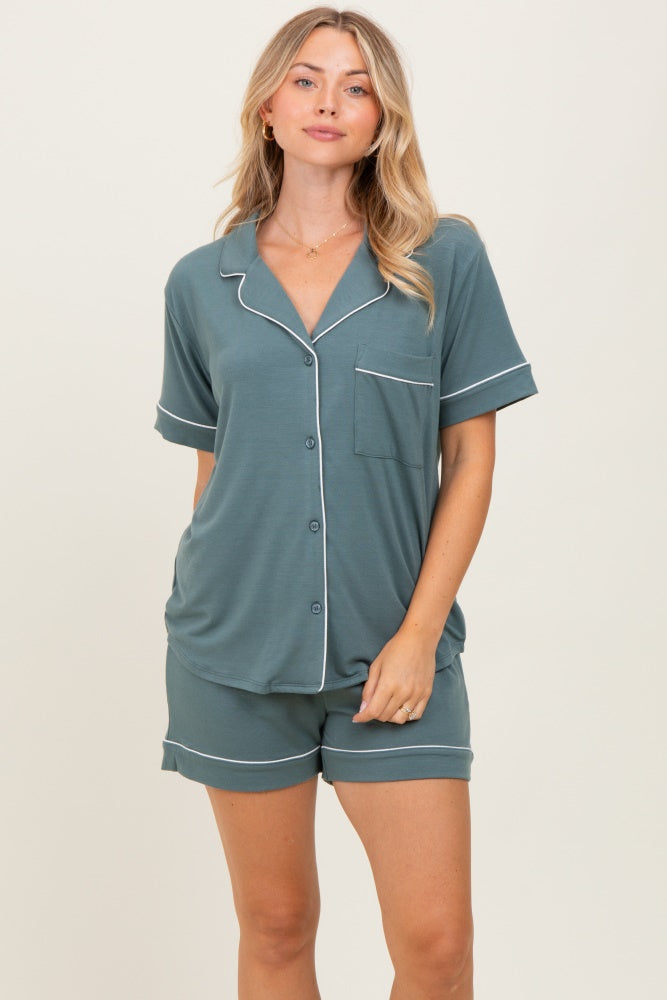 Light Olive Short Sleeve Button Down Shirt Shorts Set