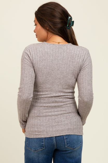 Light Brown Ribbed Knit Button Long Sleeve Maternity Top