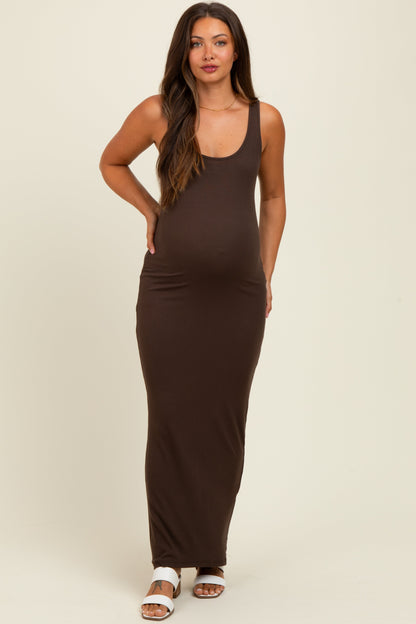 Brown Scoop Neck Sleeveless Rayon Rib Maternity Maxi Knit Dress