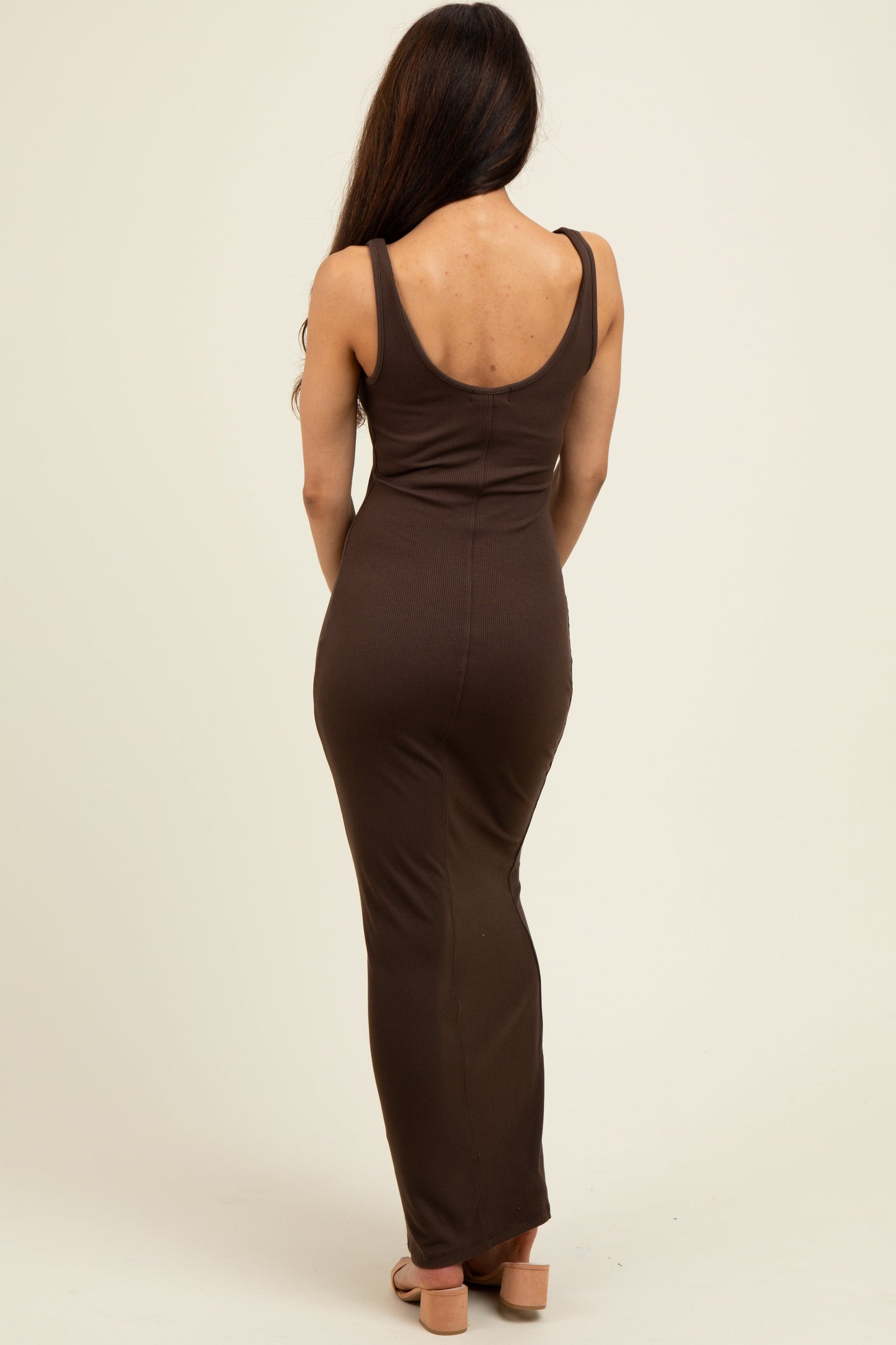 Brown Scoop Neck Sleeveless Rayon Rib Maxi Knit Dress