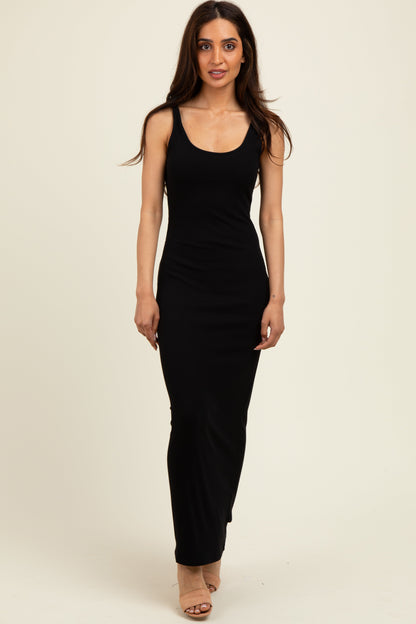 Black Scoop Neck Sleeveless Rayon Rib Maxi Knit Dress