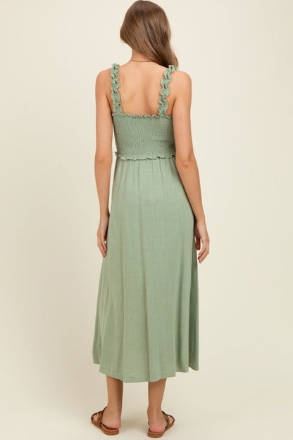 Sage Smocked Button Front Linen Blend Maternity Midi Dress