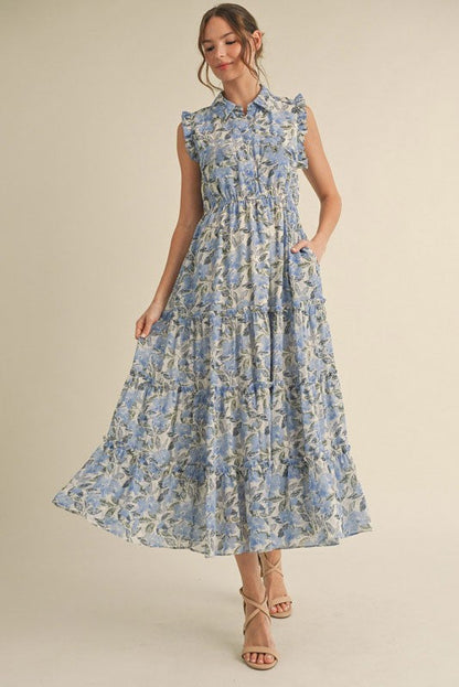Blue Floral Print Frilled Pocketed Midi Dress