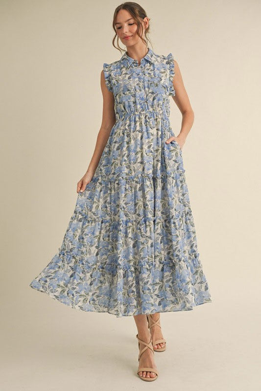 Blue Floral Print Frilled Pocketed Midi Dress