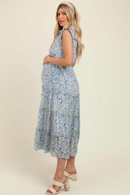 Blue Floral Print Frilled Pocketed Maternity Midi Dress