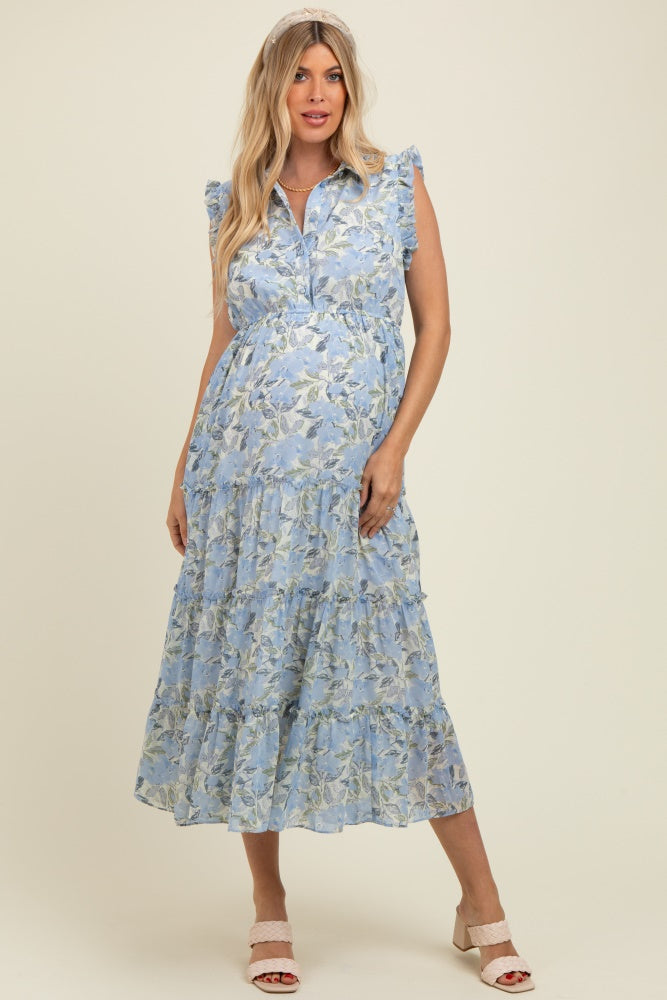 Blue Floral Print Frilled Pocketed Maternity Midi Dress