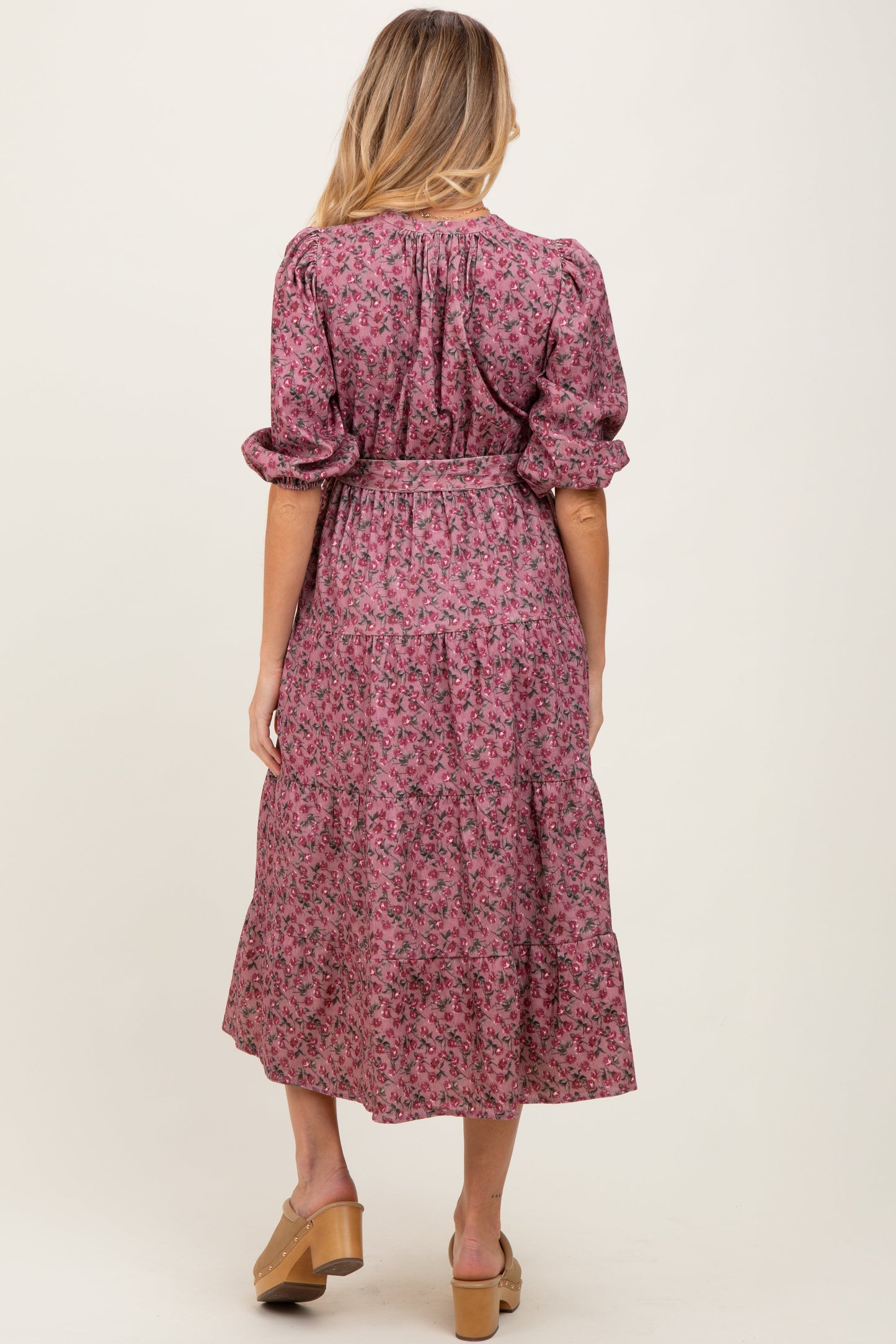Pink Floral Button Down Front Tie Maternity Midi Dress