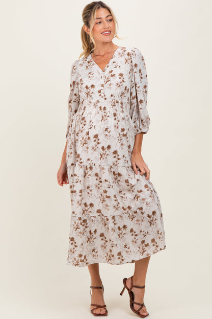 Cream Floral Button Front V-Neck Maternity Midi Dress