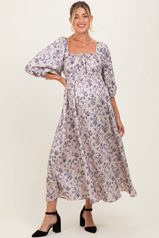Cream Floral Puff Sleeve Smocked Waist Maternity Midi Dress