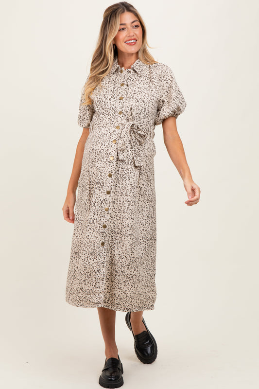 Cream Floral Button Front Waist Tie Maternity Midi Dress