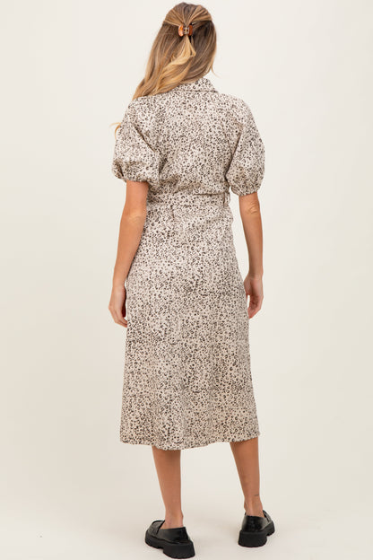 Cream Floral Button Front Waist Tie Maternity Midi Dress