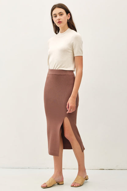 Mocha Ribbed Knit Side Slit Maternity Midi Skirt