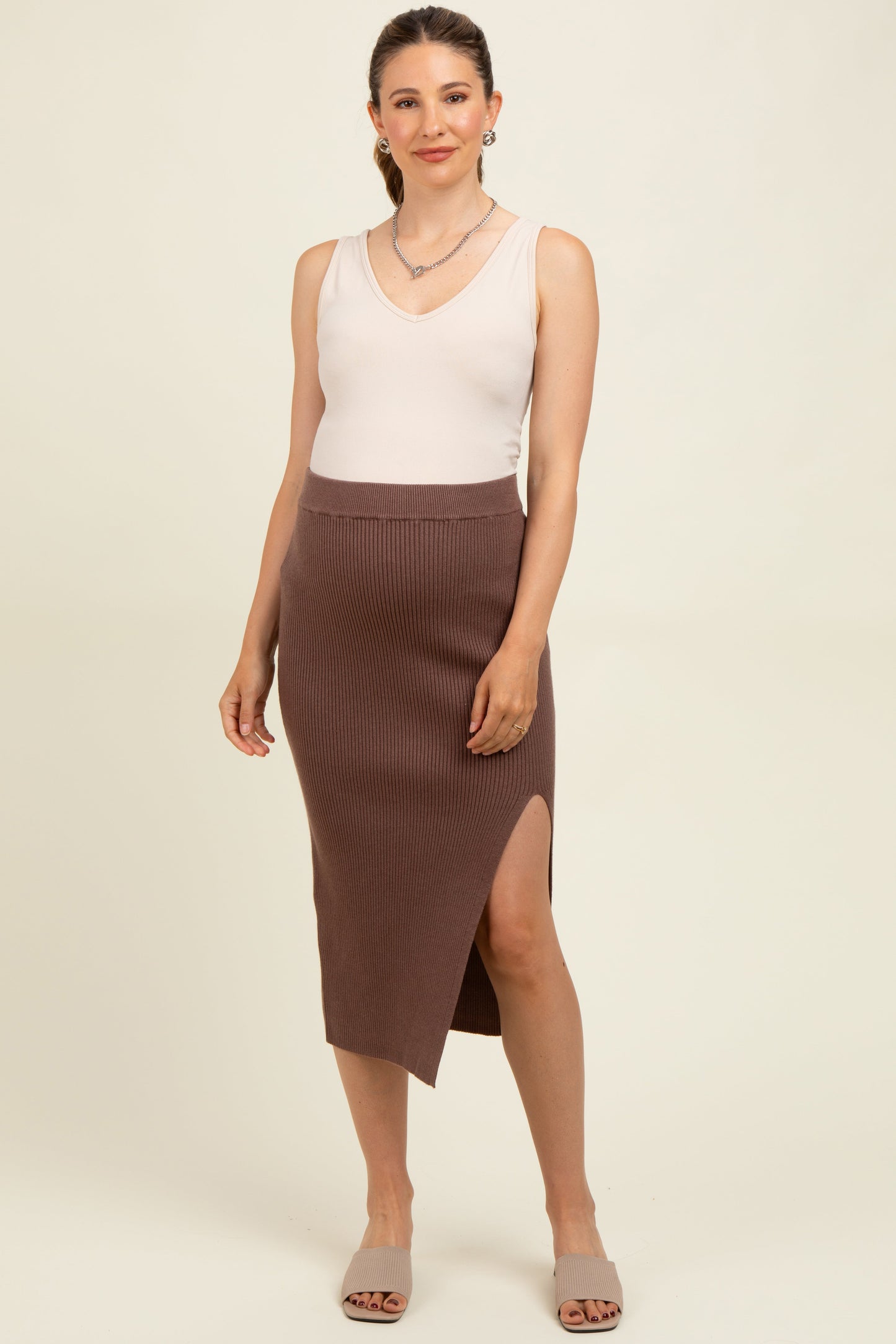 Mocha Ribbed Knit Side Slit Maternity Midi Skirt