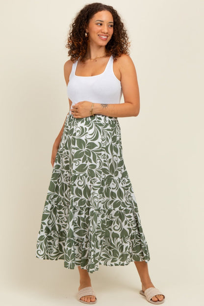 Olive Floral Tiered Maternity Maxi Skirt