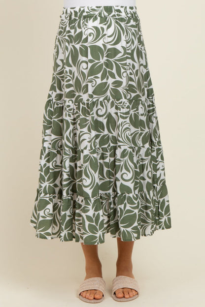 Olive Floral Tiered Maternity Maxi Skirt