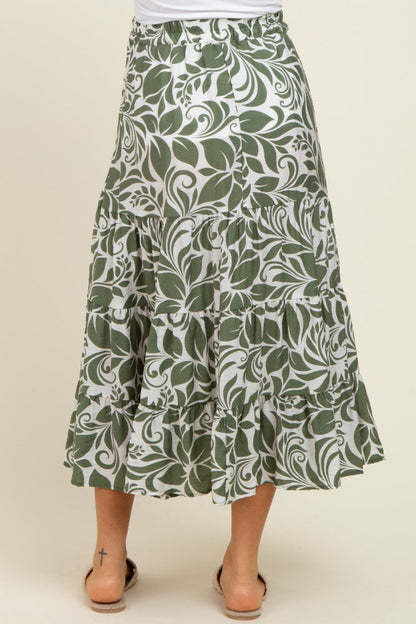 Olive Floral Tiered Maternity Maxi Skirt