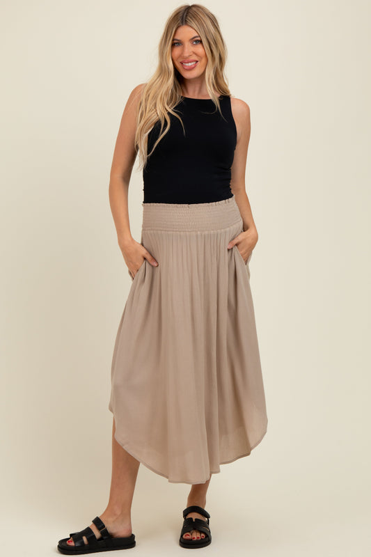 Beige Smocked Waist Rounded Hem Maternity Skirt