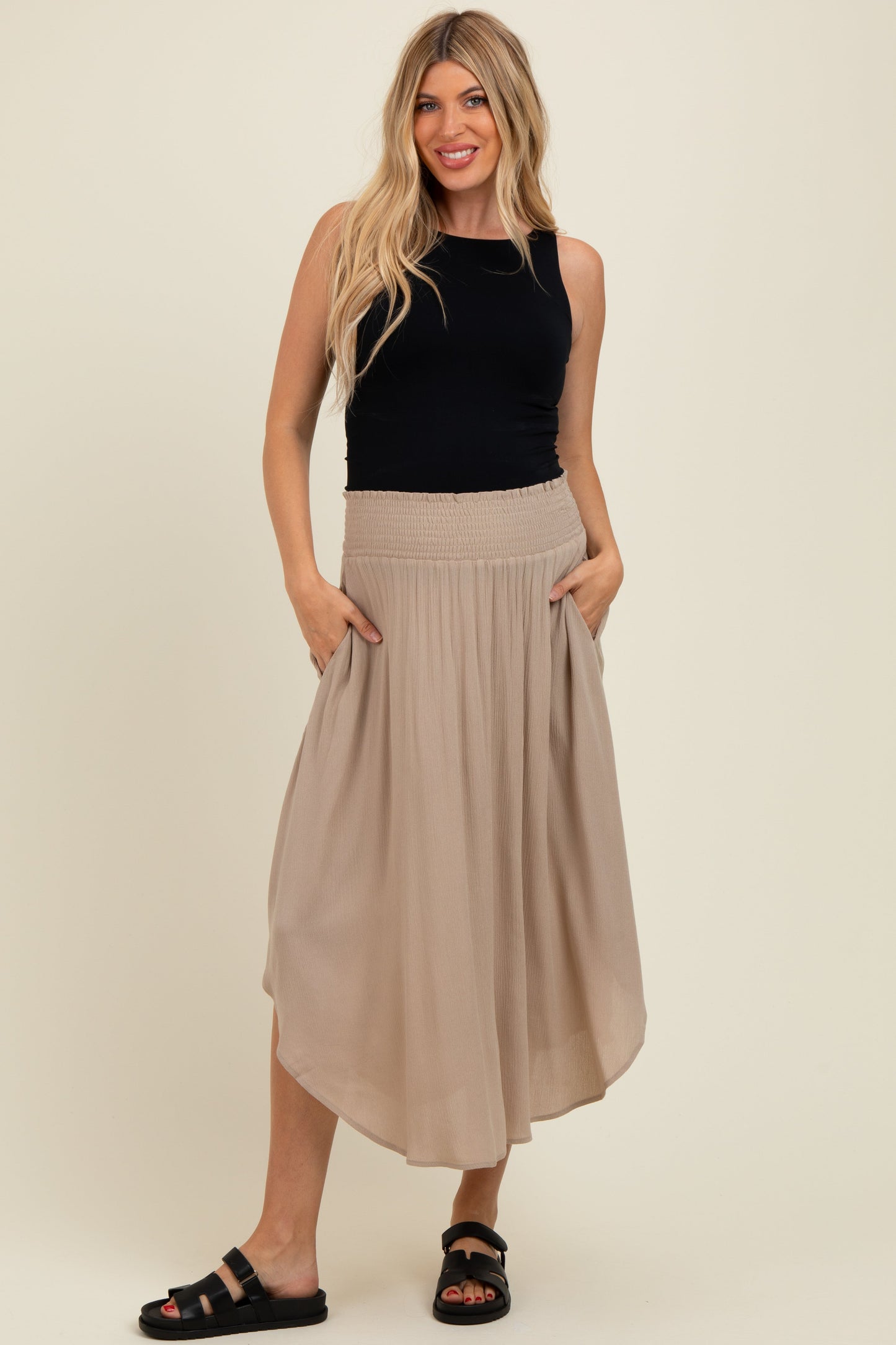 Beige Smocked Waist Rounded Hem Maternity Skirt