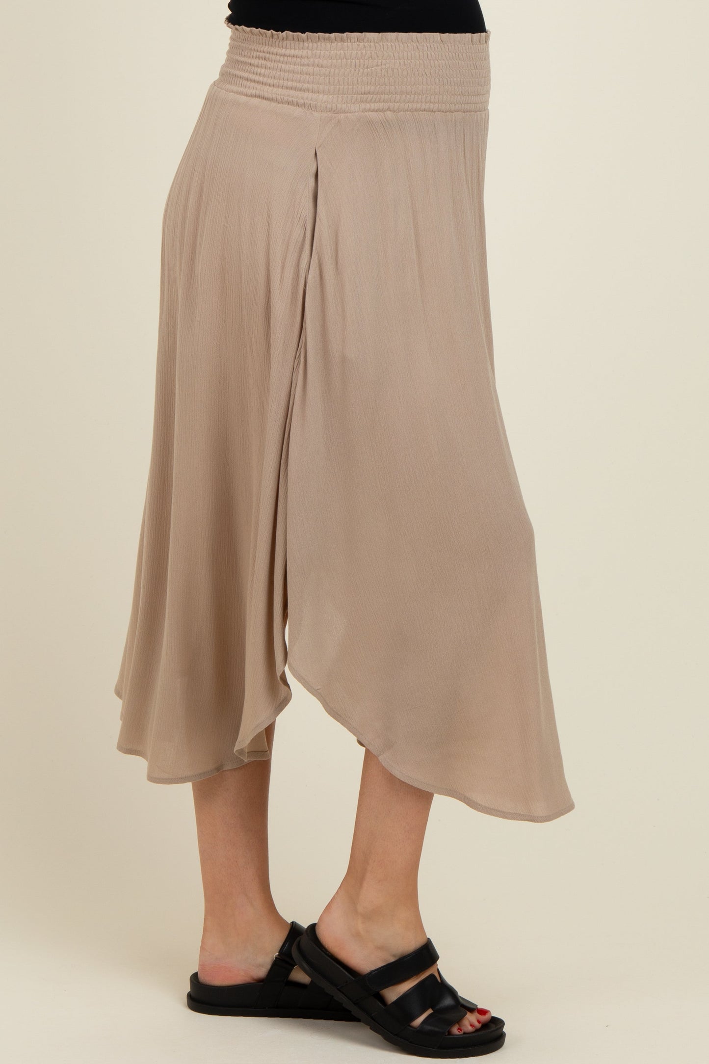 Beige Smocked Waist Rounded Hem Maternity Skirt