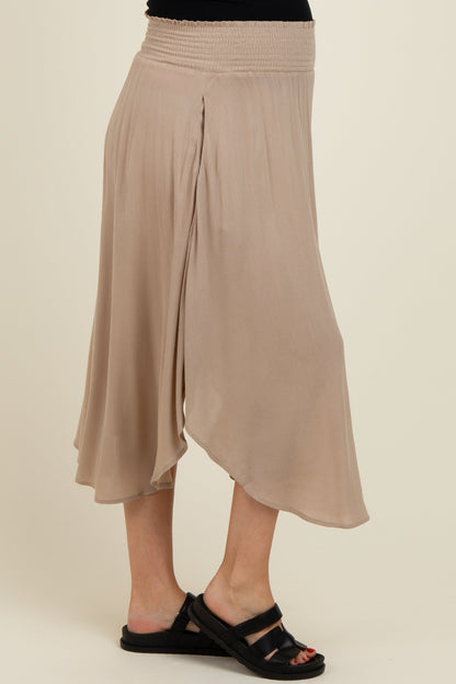 Beige Smocked Waist Rounded Hem Maternity Skirt