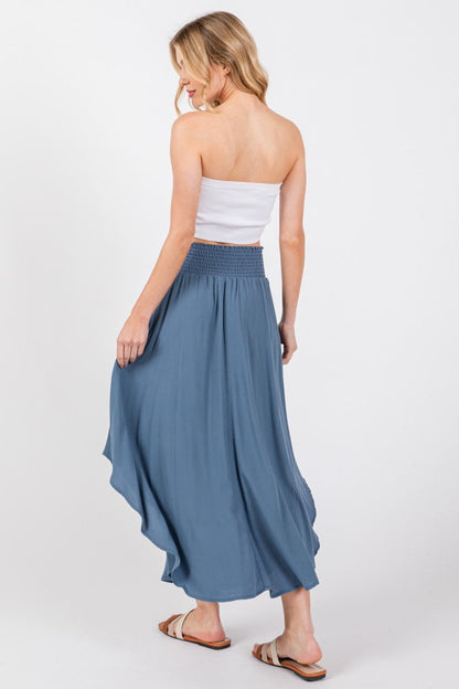 Blue Smocked Waist Rounded Hem Midi Skirt