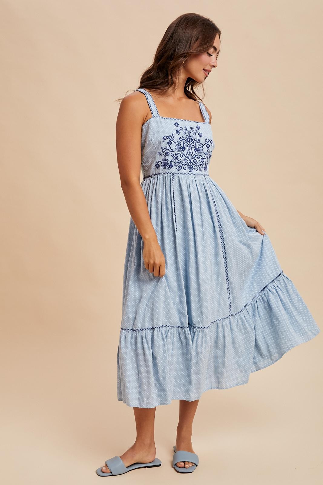 Light Blue Cross Stitch Embroidered Maxi Dress