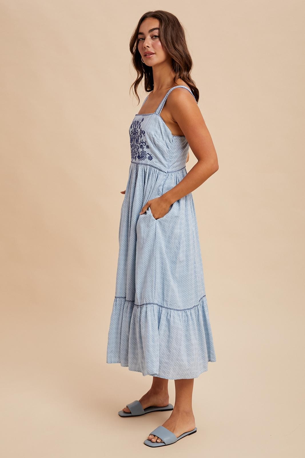 Light Blue Cross Stitch Embroidered Maxi Dress