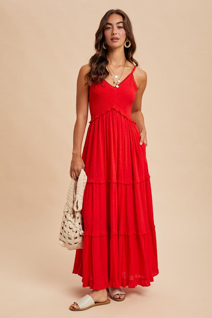 Red Swiss Dot Smocked Sleeveless Maxi Dress