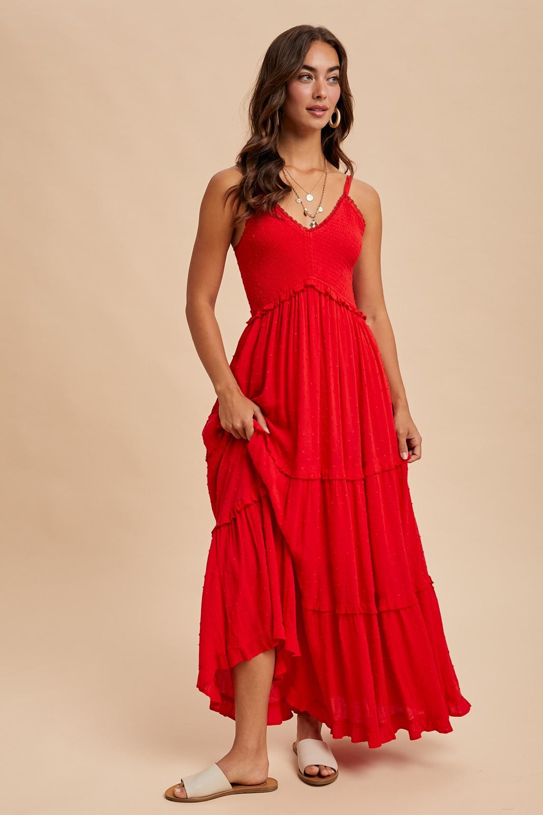 Red Swiss Dot Smocked Sleeveless Maxi Dress