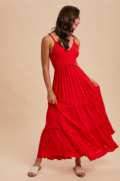 Red Swiss Dot Smocked Sleeveless Maxi Dress