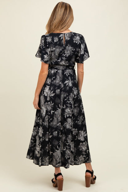 Black Multi Floral Flutter Sleeve Maternity Maxi Dress