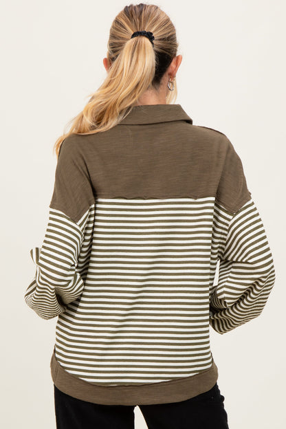 Olive Striped Oversized Collared Pullover Maternity Top