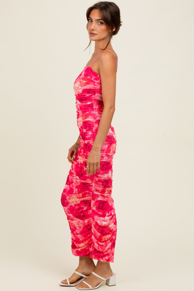 Fuchsia Rose Floral Mesh Sleeveless Ruched Dress