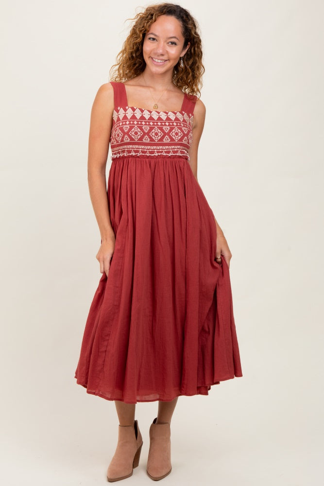 Rust Embroidered Sleeveless Maternity Midi Dress